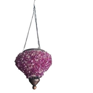 VINTAGE Morocan Hanging Tealight Candle Holder Pink/Purple Beads Rust Tone Metal